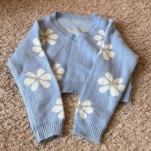 SHEIN Blue V-Neck Sweater with White Floral Design
